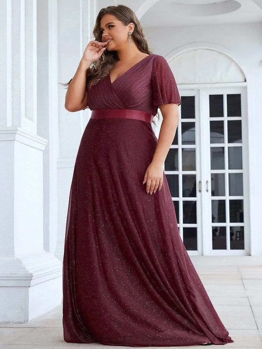 Sparkling Short Sleeve V-Neck Ribbon Waist Plus Size Evening Dress