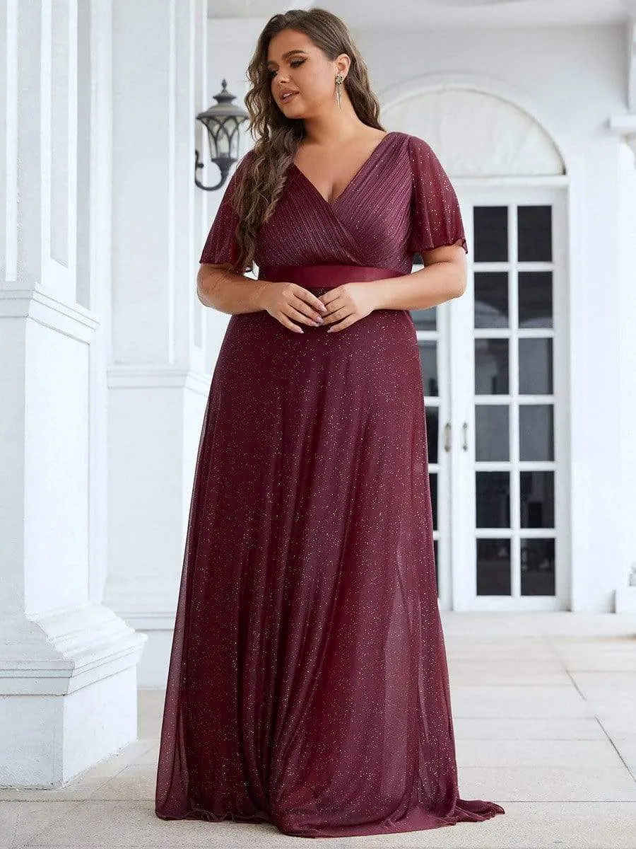 Sparkling Short Sleeve V-Neck Ribbon Waist Plus Size Evening Dress