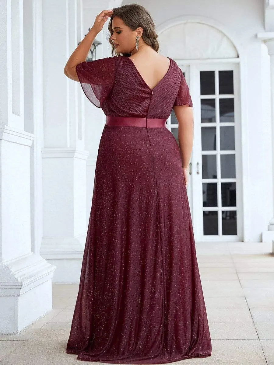 Sparkling Short Sleeve V-Neck Ribbon Waist Plus Size Evening Dress