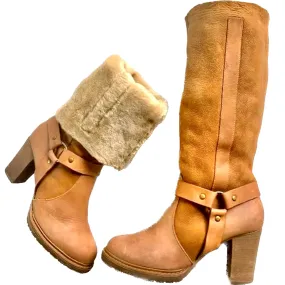 STETSON Fur Lined Leather Harness Tall Chunky High Heel Winter Western Boots