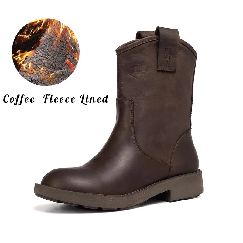 Western Cowboy Boots Handmade Top Cowhide Winter Boots  Fleece Lined Or Leather For Choice Black/Coffee/Brown