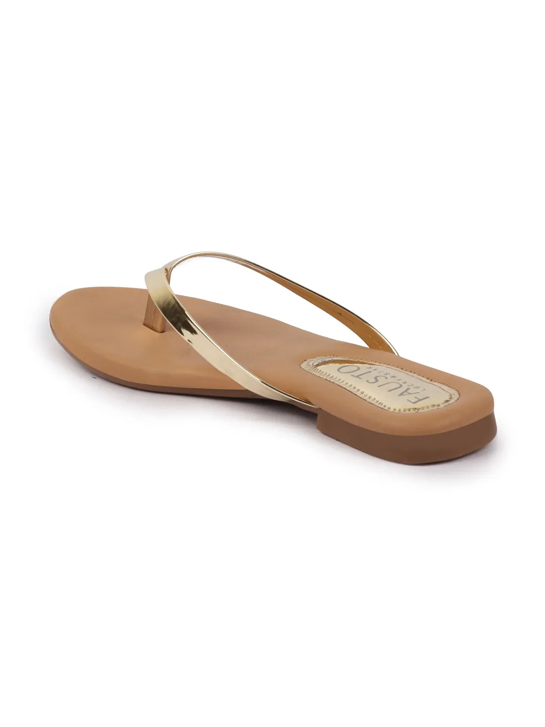 Women Gold Shiny Sleek T-Strap Slipper With Cushioned Footbed|Flat Slipper For Party|Office Wear|Weekend