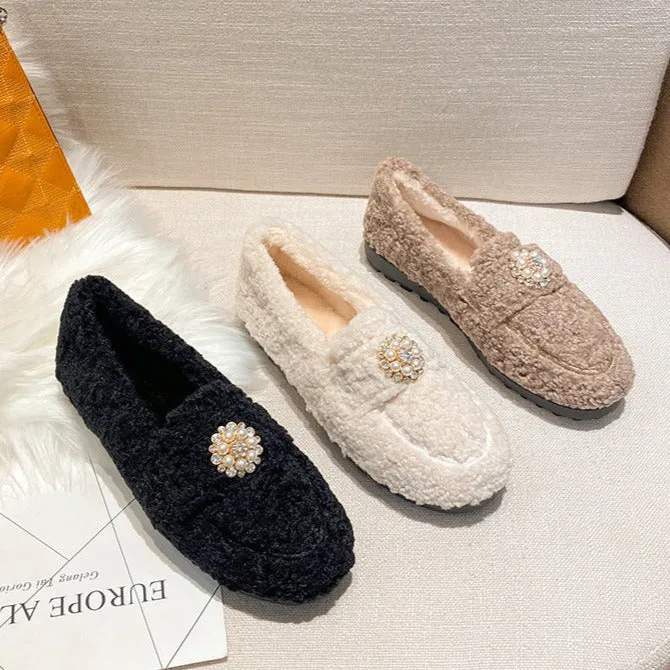 Women Pearl Cute Winter Lamb Fur Flat Shoes Loafers