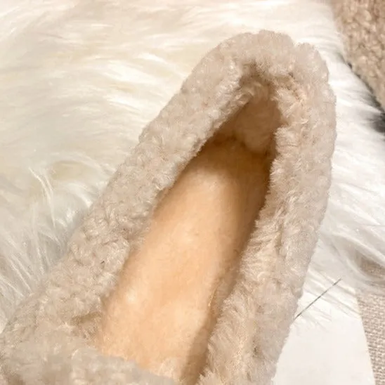 Women Pearl Cute Winter Lamb Fur Flat Shoes Loafers