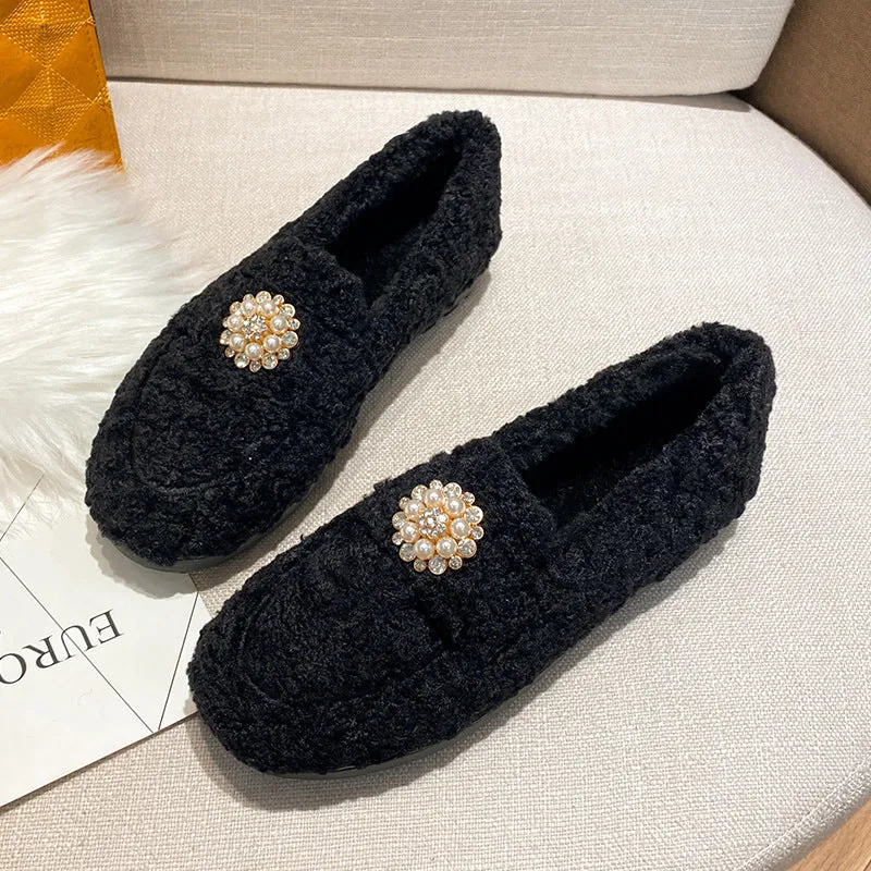 Women Pearl Cute Winter Lamb Fur Flat Shoes Loafers