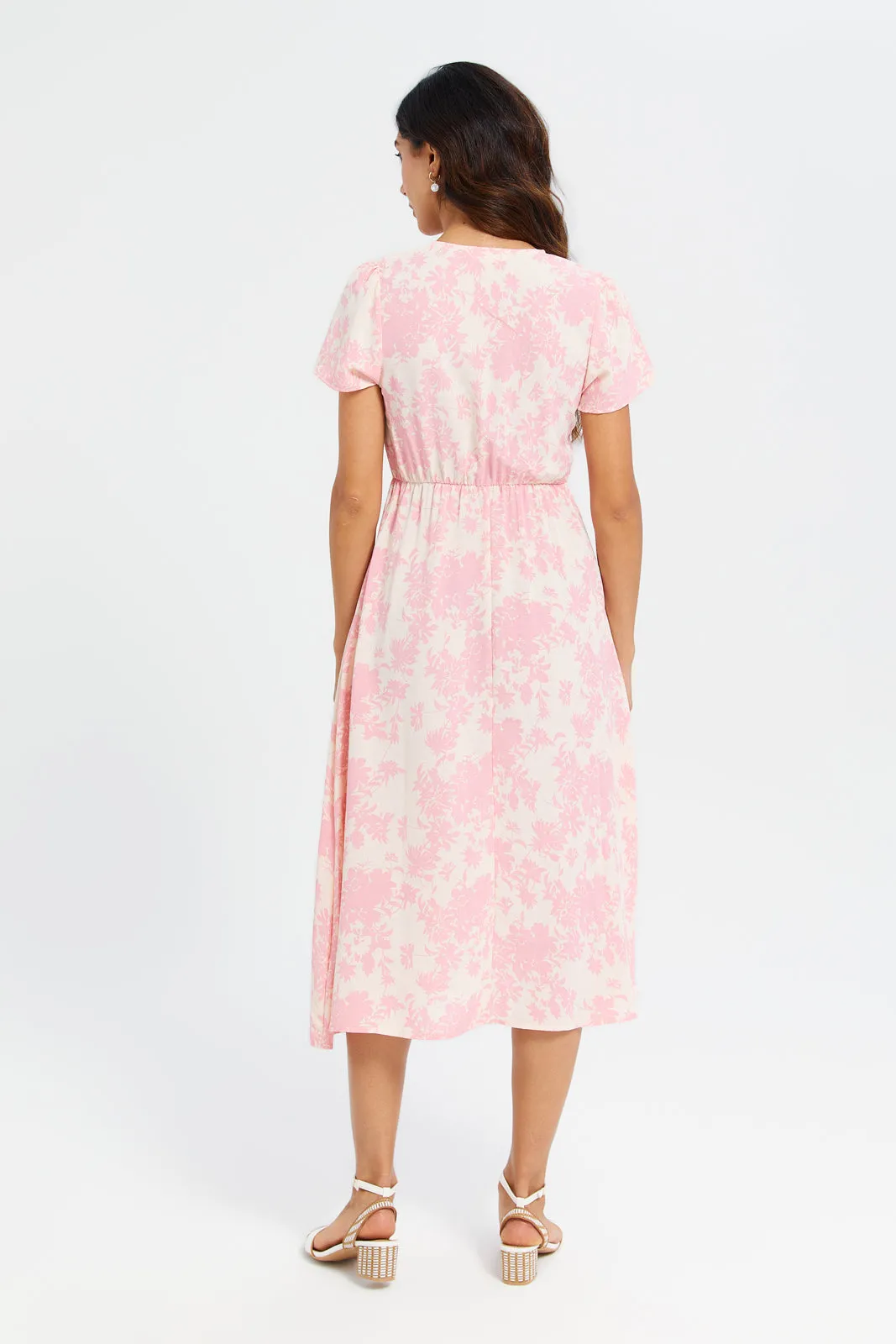 Women Pink And White Printed Midi Dress