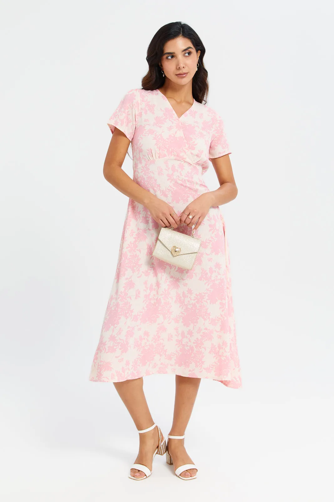 Women Pink And White Printed Midi Dress