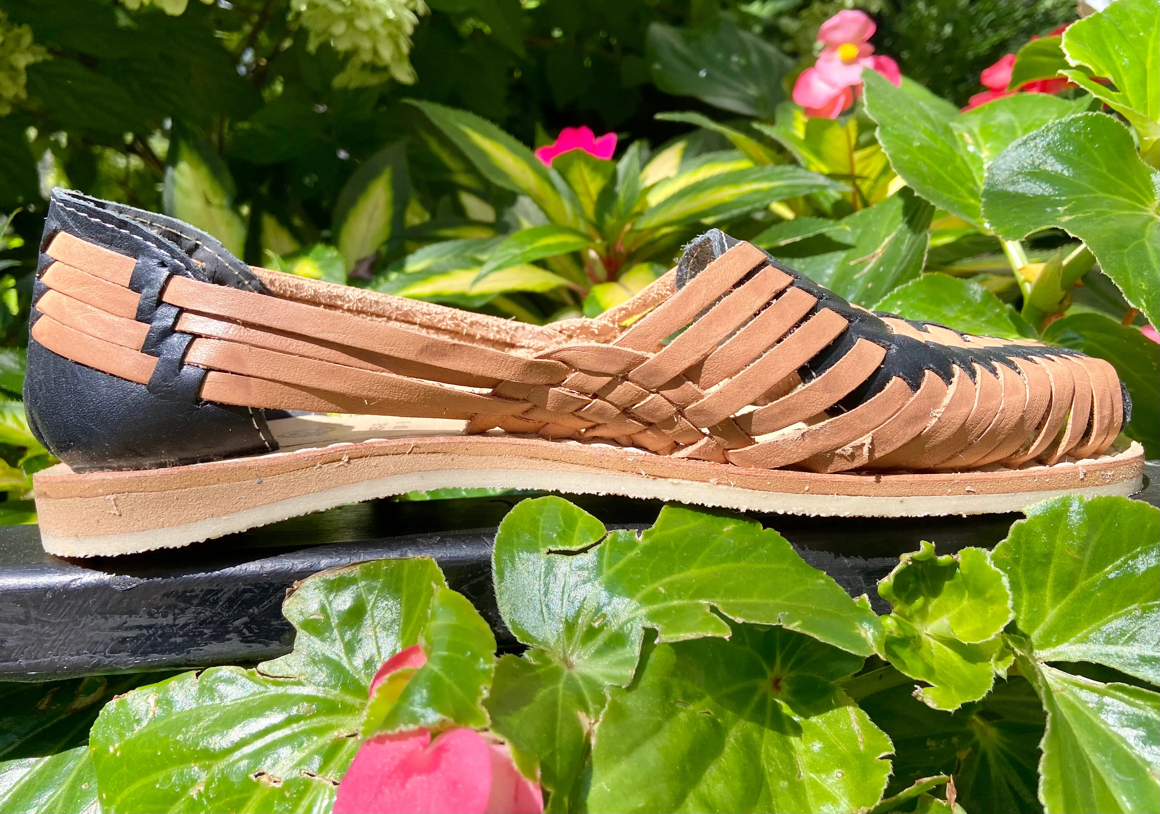 Women’s Mexican Huarache Sandals -- Tan & Black Leather