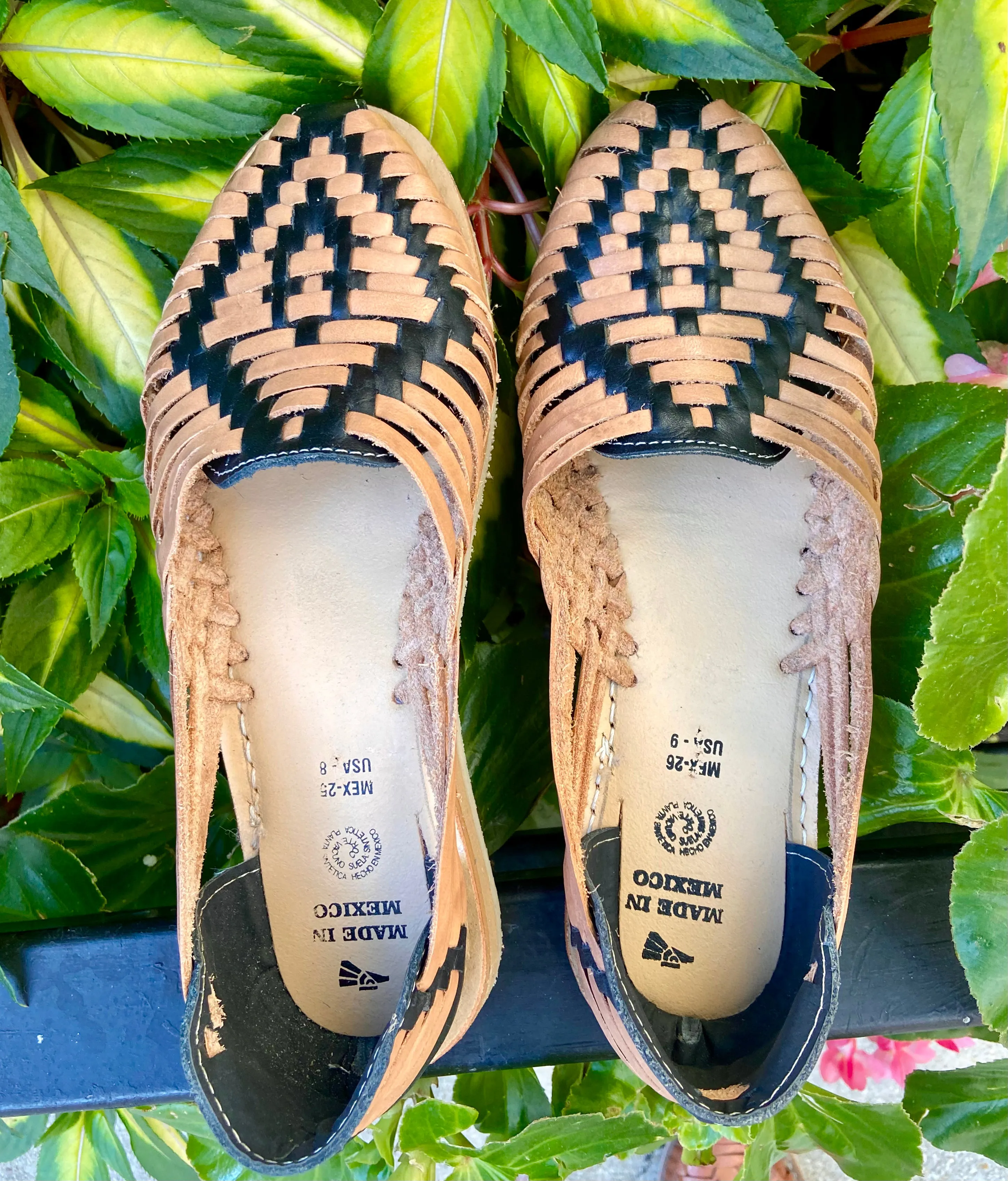 Women’s Mexican Huarache Sandals -- Tan & Black Leather