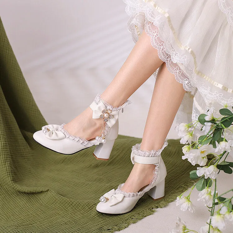 Women's Pearls Lace Bow Tie Block Heel Sandals