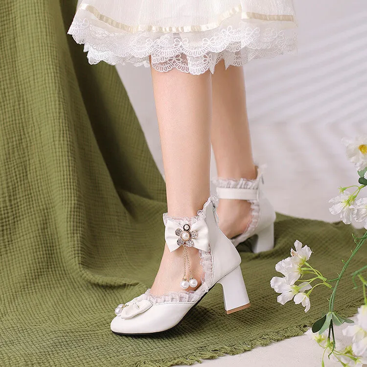 Women's Pearls Lace Bow Tie Block Heel Sandals