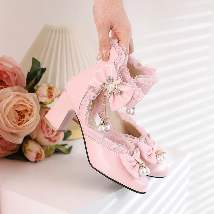 Women's Pearls Lace Bow Tie Block Heel Sandals