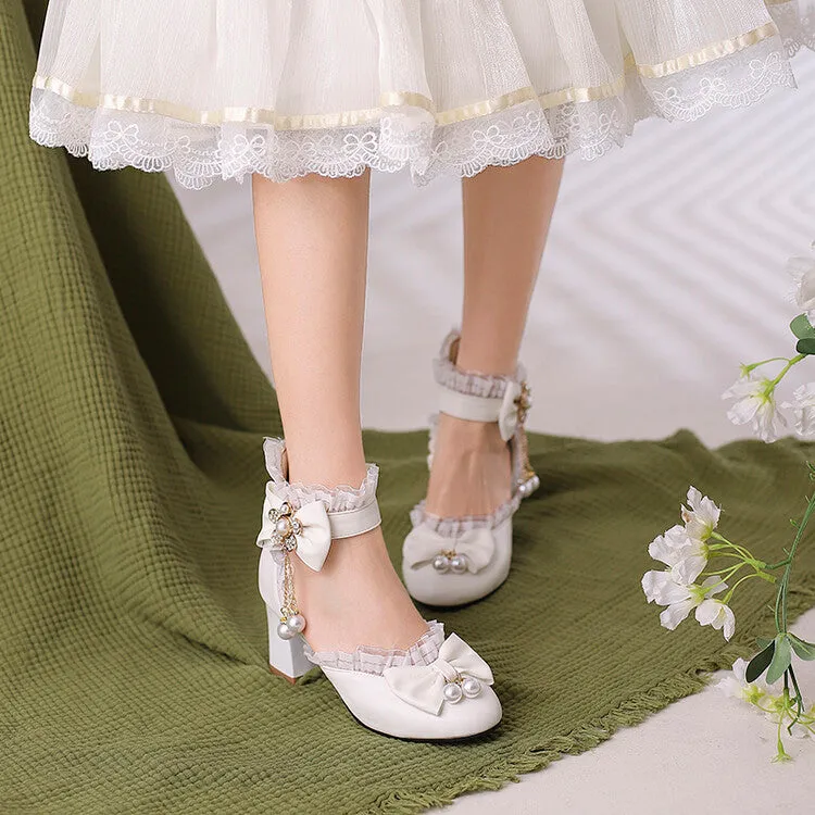 Women's Pearls Lace Bow Tie Block Heel Sandals