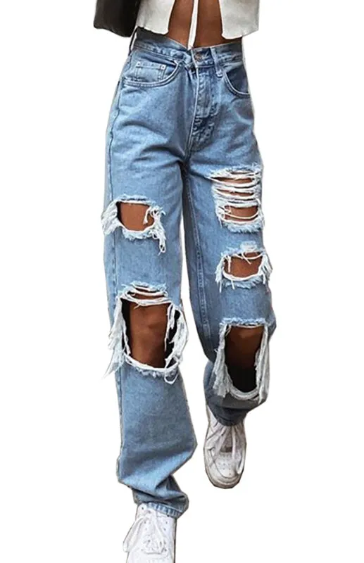 Women's Washed Denim Ripped Loose Fit Jeans