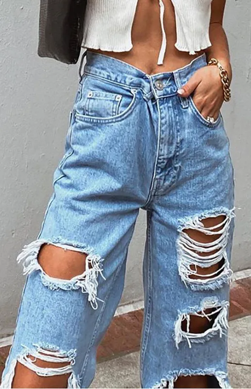 Women's Washed Denim Ripped Loose Fit Jeans